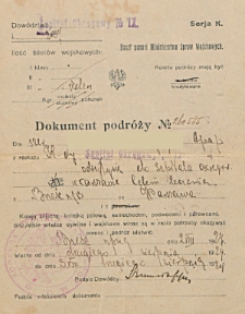 Dokument podróży z Brześcia do Warszawy. [Inc.:] Dla szer. [...] 9 PAP z rozkazu Komendy IX Szpitala Okręgowego odsyła się do Szpitala Okręgowego w Warszawie celem leczenia [...]