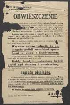 Obwieszczenie. [Inc.:] Szef Okręgu Lubelskiego w Generalnym Gubernatorstwie. Rozpowszechniona bardzo w Polsce plaga bandytyzmu [...]
