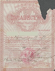 Świadectwo Tymczasowe 5% Krótkoterminowej Wewnętrznej Pożyczki Państwowej z r. 1920 [Inc.:] Pan [...] wpłacił dnia 14 czerwca 1920 r. M.P. 99 fenigów 76