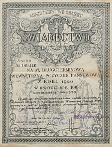 Świadectwo Tymczasowe na 5% Długoterminową Wewnętrzną Pożyczkę Państwową z r. 1920 w kwocie M.P. 100