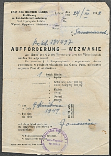 Aufforderung = Wezwanie. [Inc.:] Pan [...] w Samowiczach.Wezwanie do odstawienia 1 szt. bydła na targowicę gminną w Janowie