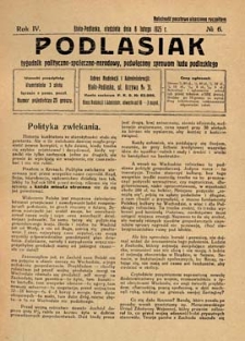 Podlasiak : tygodnik polityczno-społeczno-narodowy, poświęcony sprawom ludu podlaskiego R. 4 (1925) nr 6