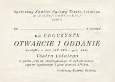 Zaproszenie na uroczyste otwarcie i oddanie do użytku w dn. 23 maja 1965 r.Teatru Letniego w Białej Podlaskiej