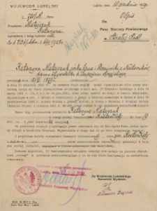 [Druk urzędowy]. Pismo Wojewody Lubelskiego do Pana Starosty Powiatowego w Białej Podlaskiej stwierdzające, że Katarzyna Matejczuk [...] dawna obywatelka b. Imperjum Rosyjskiego nabyła obywatelstwo polskie i zostanie wykreślona z ksiąg stałej ludności wsi Kostomłoty jako obywatelka rosyjska