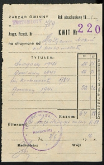 [Druk urzędowy]. Kwit na otrzymane od mieszkańca wsi Kostomłoty p. Matejczuka Nikona opłaty [...]