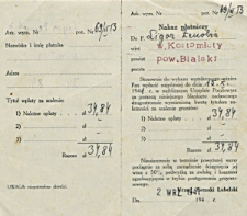 [Druk urzędowy]. [Inc.:] Nakaz płatniczy do p. Ligoz Zenobia w. Kostomłoty pow. bialski [...] tytułem należności za scalenie gruntów [...]scalenia