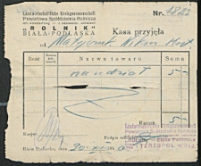 [Pokwitowanie]. [Inc.:] Powiatowa Spóldzielnia Rolnicza "Rolnik" w Białej Podlaskiej. Kasa Przyjęła od. Matejczuk Nikon Kostomłoty na udzial [...]