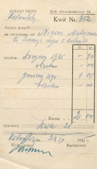 [Potwierdzenie wpłaty]. Kwit na otrzymane od p. Nikona Matejczuka z Kostomłot opłaty tytułem podatku [...]