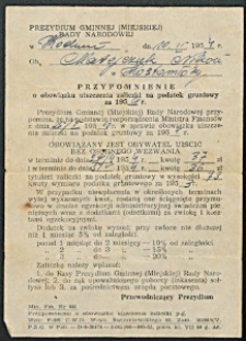 Przypomnienie o obowiązku uiszczenia zaliczki na podatek gruntowy w 1954 r.