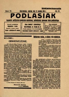 Podlasiak : tygodnik polityczno-społeczno-narodowy, poświęcony sprawom ludu podlaskiego R. 4 (1925) nr 37