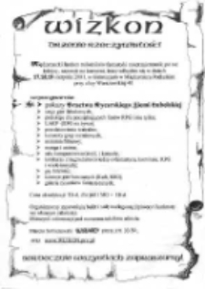 Plakat : [Inc.:] Wizkon : Drżenie rzeczywistości : Międzyrzecki fandom miłośników fantastyki ma zaszczyt zaprosić na konwent, który odbędzie się w dn. 17, 18, 19 sierpnia 2001 [...]