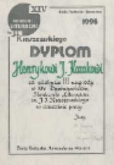 Dyplom Henrykowi Kozakowi za zdobycie III nagrody w XIV Ogólnopolskim Konkursie Literackim