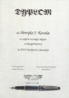 Dyplom dla Henryka Kozaka za zajęcie trzeciego miejsca w kategorii prozy w XXIV Konkursie Literackim