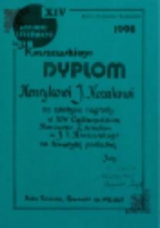 Dyplom Henrykowi J. Kozakowi za zdobycie nagrody w XIV Ogólnopolskim Konkursie Literackim im. J. I. Kraszewskiego za tematykę podlaska