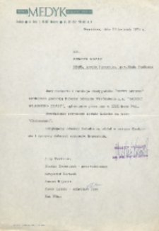 Pismo gratulacyjne : [Inc.:] Kol. Henryk Kozak : jury konkursu i redakcja dwutygodnika "Nowy Medyk" gratulują zdobycia wyróznienia w konkursie "Wobec własnego czasu"