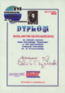 Dyplom Wiesławowi Gromadzkiemu za zdobycie nagrody Klubu Literackiego "Maksyma" w XVI Ogólnopolskim Konkursie Literackim im. J. I. Kraszewskiego