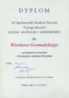 Dyplom dla Wiesława Gromadzkiego : wyróżnienie za twórczość o Krzemieńcu i Juliuszu Słowackim
