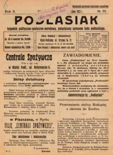 Podlasiak : tygodnik polityczno-społeczno-narodowy, poświęcony sprawom ludu podlaskiego R. 2 (1923) nr 35
