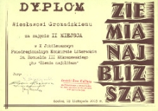 Dyplom Wiesławowi Gromadzkiemu za zajęcie II miejsca w X Jubileuszowym Ponadregionalnym Konkursie Literackim im. Romualda III Mikoszewskiego ph. "Ziemia najbliższa"