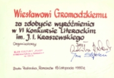 Dyplom Wiesławowi Gromadzkiemu za zdobycie wyróżnienia w VI Konkursie Literackim im. J. I. Kraszewskiego