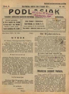 Podlasiak : tygodnik polityczno-społeczno-narodowy, poświęcony sprawom ludu podlaskiego R. 2 (1923) nr 44