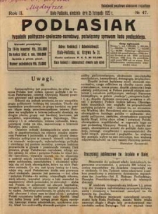 Podlasiak : tygodnik polityczno-społeczno-narodowy, poświęcony sprawom ludu podlaskiego R. 2 (1923) nr 47