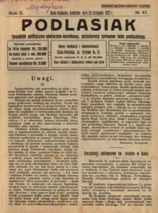Podlasiak : tygodnik polityczno-społeczno-narodowy, poświęcony sprawom ludu podlaskiego R. 2 (1923) nr 47