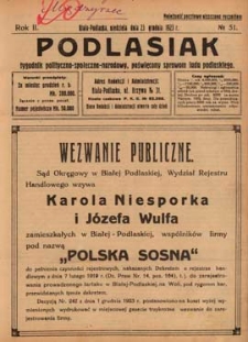 Podlasiak : tygodnik polityczno-społeczno-narodowy, poświęcony sprawom ludu podlaskiego R. 2 (1923) nr 51