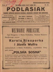 Podlasiak : tygodnik polityczno-społeczno-narodowy, poświęcony sprawom ludu podlaskiego R. 2 (1923) nr 52
