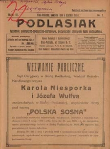 Podlasiak : tygodnik polityczno-społeczno-narodowy, poświęcony sprawom ludu podlaskiego R. 3 (1924) nr 1