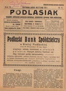 Podlasiak : tygodnik polityczno-społeczno-narodowy, poświęcony sprawom ludu podlaskiego R. 3 (1924) nr 6